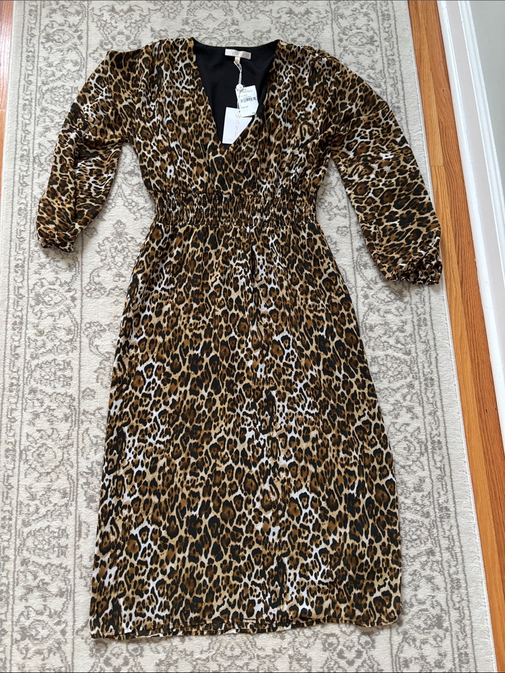 NWT Wayf Leopard Print V-Neck Midi Dress in Brown and Black